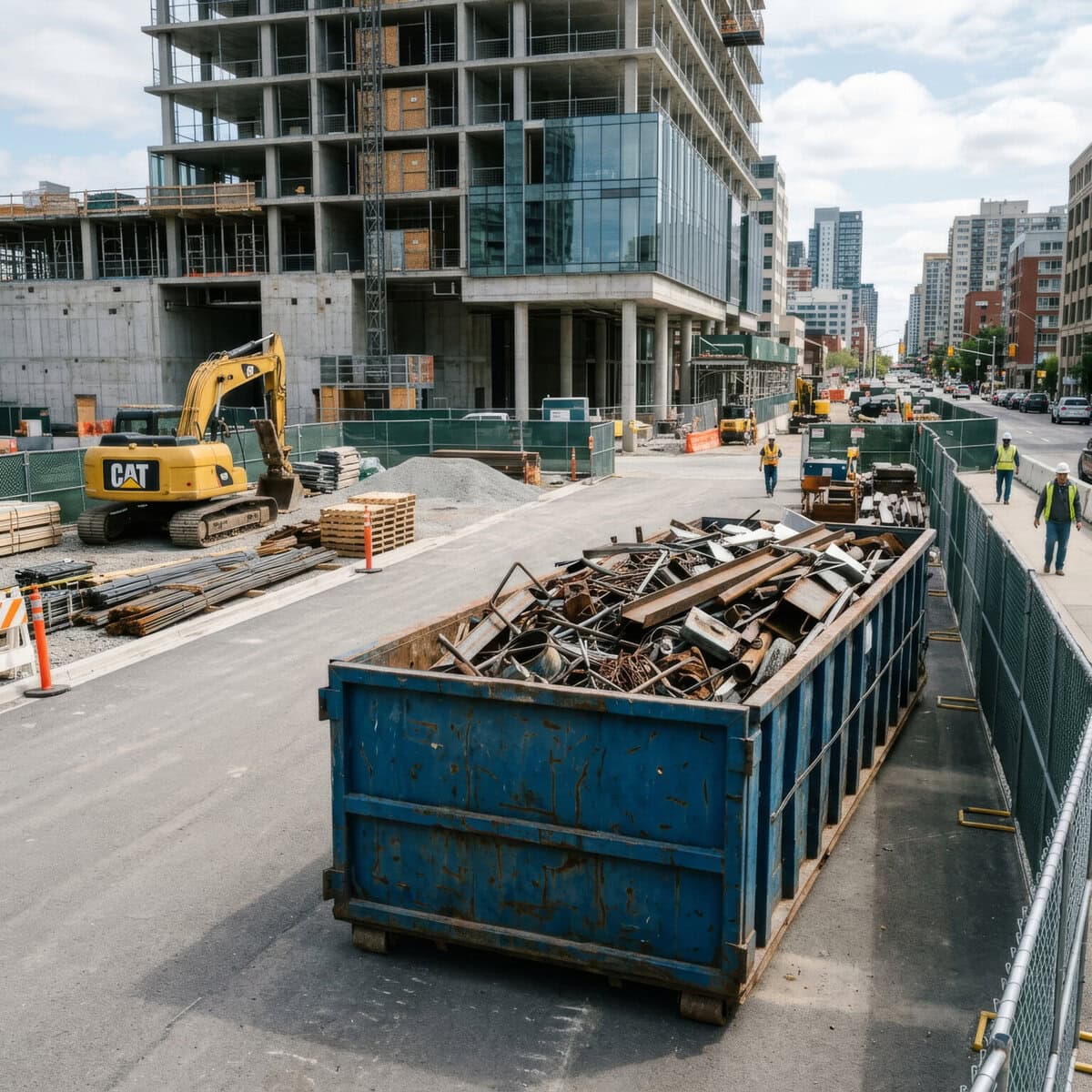 A large blue dumpster filled with metal debris sits at a city street construction site, with workers, equipment, and a partially built high-rise visible in the background.